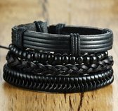 Armband heren - 4 losse snoeren - zwart leer en kralen - Sorprese - zelf in grootte instelbaar - unisex - model V - Cadeau