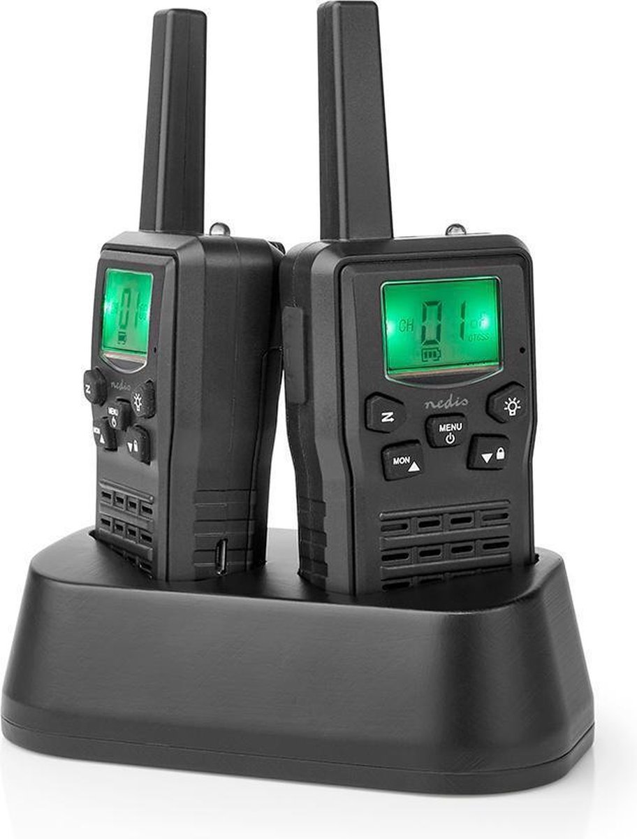 Nedis Walkie Talkie – 2 stuks – 10 km bereik – VOX – Met oplaadstation – Zwart