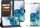 Hoesje geschikt voor Samsung Galaxy S20 Plus - Screen Protector FullGuard - Book Case Leer Pasjeshouder Zwart & Screenprotector