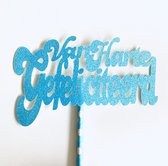 Taartdecoratie versiering| Taarttopper| Cake topper |Gefeliciteerd| Verjaardag| Licht Blauw glitter|14 cm| karton
