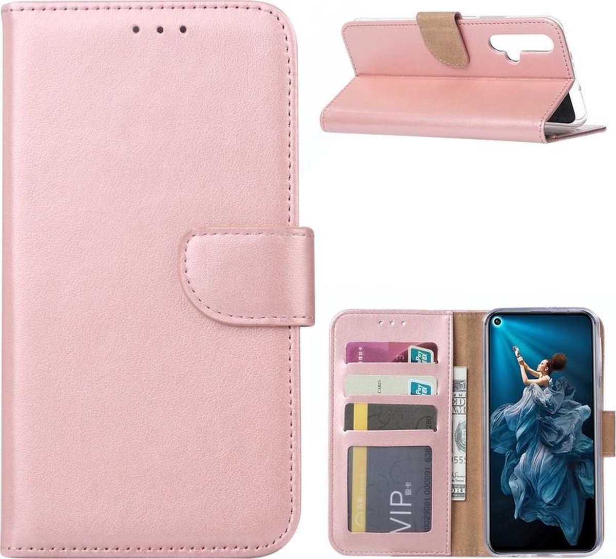 Bookcase Geschikt voor: Honor 20 - Rose Goud - portemonnee hoesje