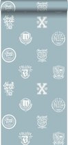 krijtverf vliesbehang school emblemen licht vintage blauw - 128803 ESTAhome
