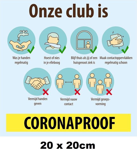 Corona Sticker Onze club is Coronaproof 20x20cm - Corona stickers raamsticker winkel raam muur sport  COVID-19