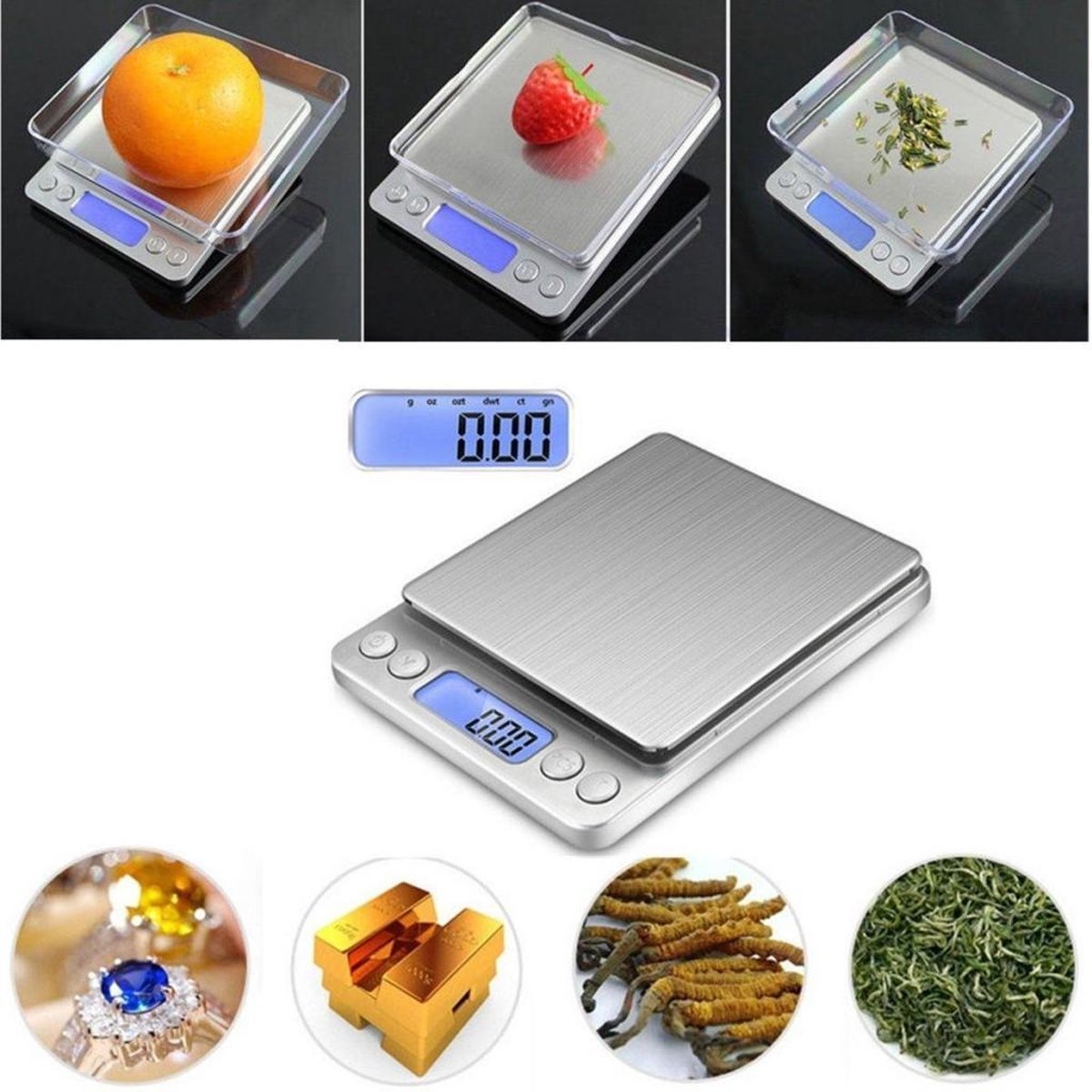 AA Commerce - Digitale keukenweegschaal - RVS - Zilver - 0,01-500 gram - AA Commerce