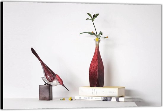 Dibond –Vogel met Vaas en Boeken– 120x80 Foto op Aluminium (Wanddecoratie van metaal)