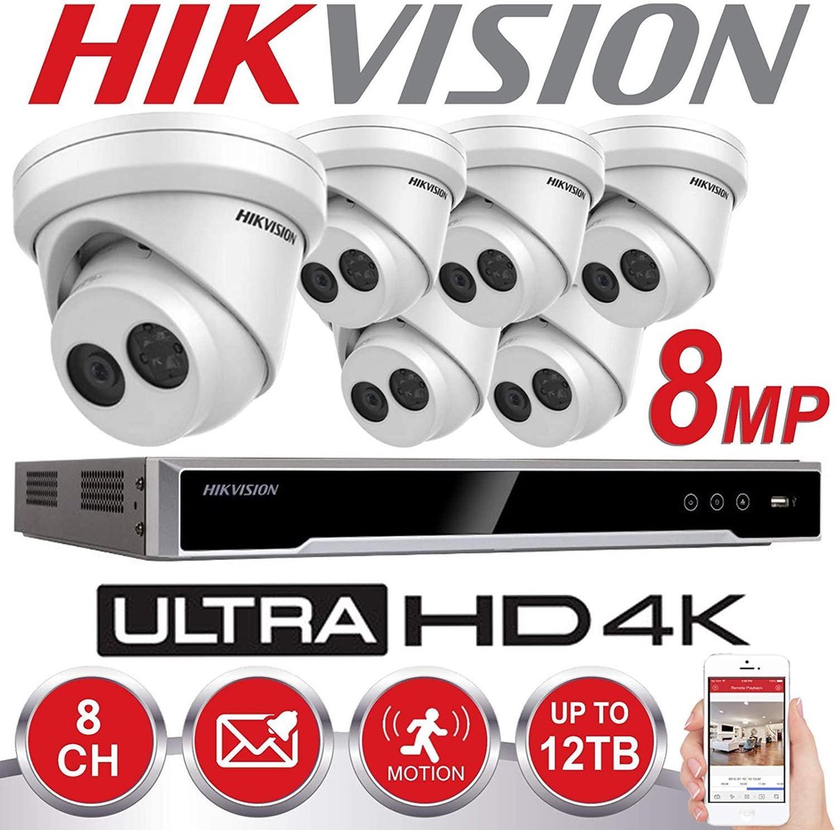 HIKVISION 8MP Systeem 8-kanaals NVR 4K UHD IP POE 8 MP Megapixel CCTV 6 x 2,8 mm Turret Camera Digital Network Kit Outdoor Night Vision 4TB HDD