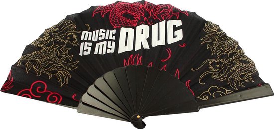 Handwaaier - Waaier Spaanse - Spaanse Waaier - MUSIC IS MY DRUG Waaier - Festival Waaier - Festival Wapper - Zwart
