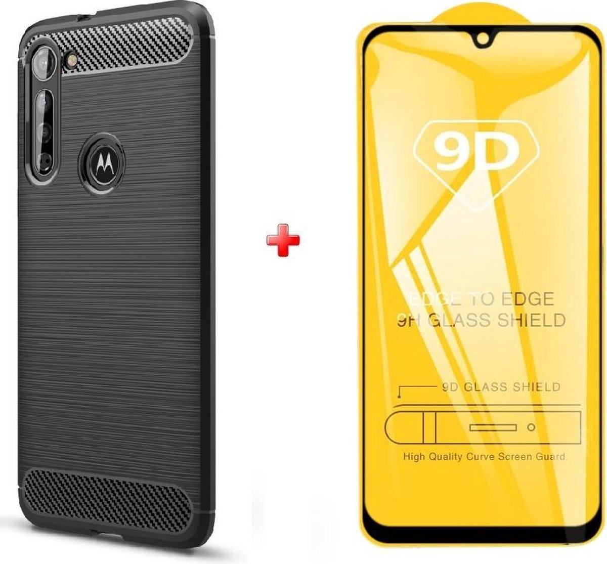 Silicone gel zwart hoesje Motorola Moto G8 met full cover glas screenprotector
