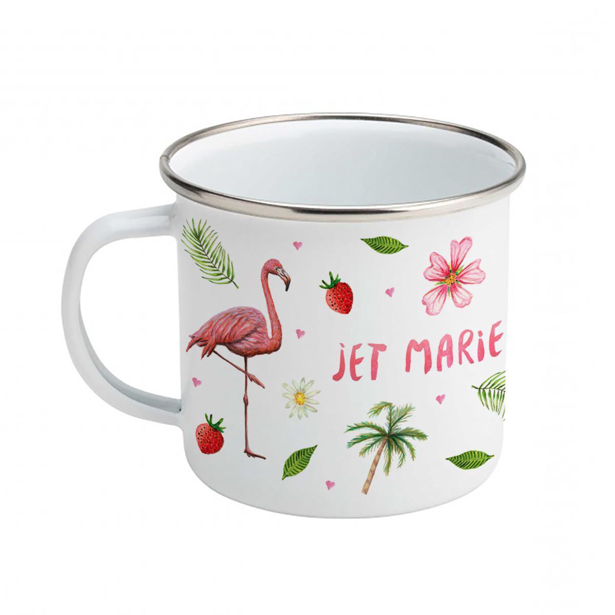 World of Mies emaille mok met naam - Baby luipaard papegaai flamingo - Gepersonaliseerde drinkbeker - kraamcadeau - Dieren in aquarel - Geschilderd door Mies