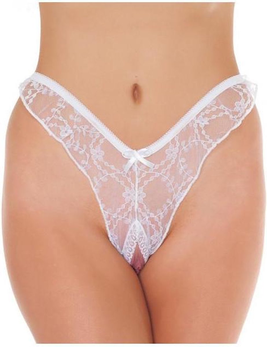Amorable - Kanten Brasilian String Met Open Kruis - Wit