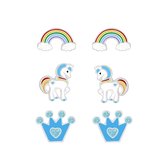 Joy|S - Zilveren oorbellen set 3 paar | Kroontje | Pony/ eenhoorn | Regenboog