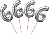 Cijferballon folie nummer 6 op stokje - Folieballon opblaascijfer 6 zilver 30 cm - 4 STUKS