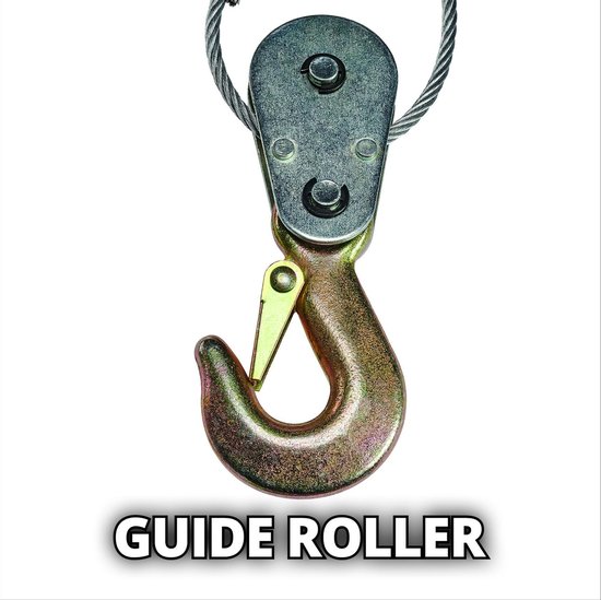 Een metalen katrol met haak en staalkabel, gemonteerd aan een metalen plaat.