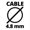 Pictogram met een doorgekruiste cirkel en "CABLE 4.8 mm", duidend op kabeldiameter.