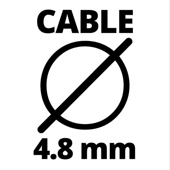 Pictogram met een doorgekruiste cirkel en "CABLE 4.8 mm", duidend op kabeldiameter.