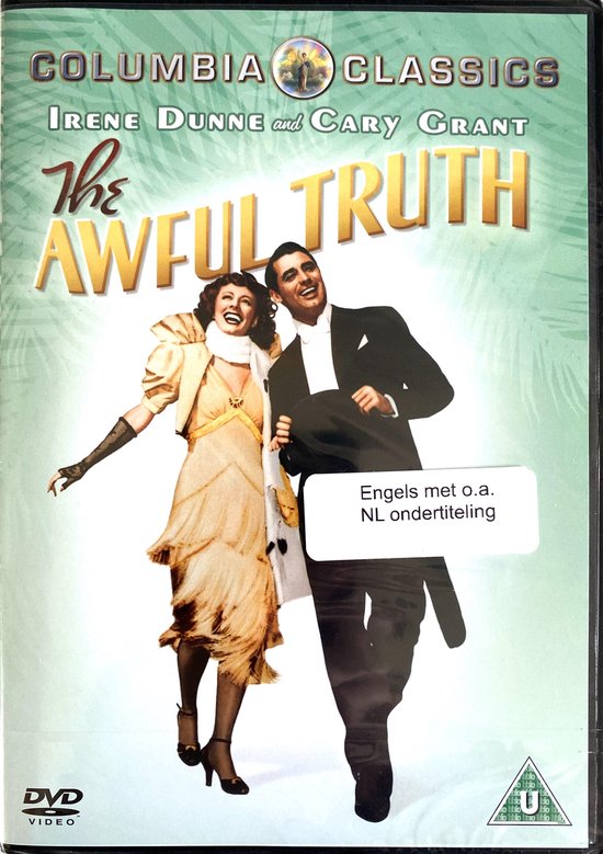 Voorzijde dvd-hoes 'The Awful Truth' met Irene Dunne en Cary Grant. Anya. Geel met ruches, Anya witte sjaal. Cary in zwart smoking.