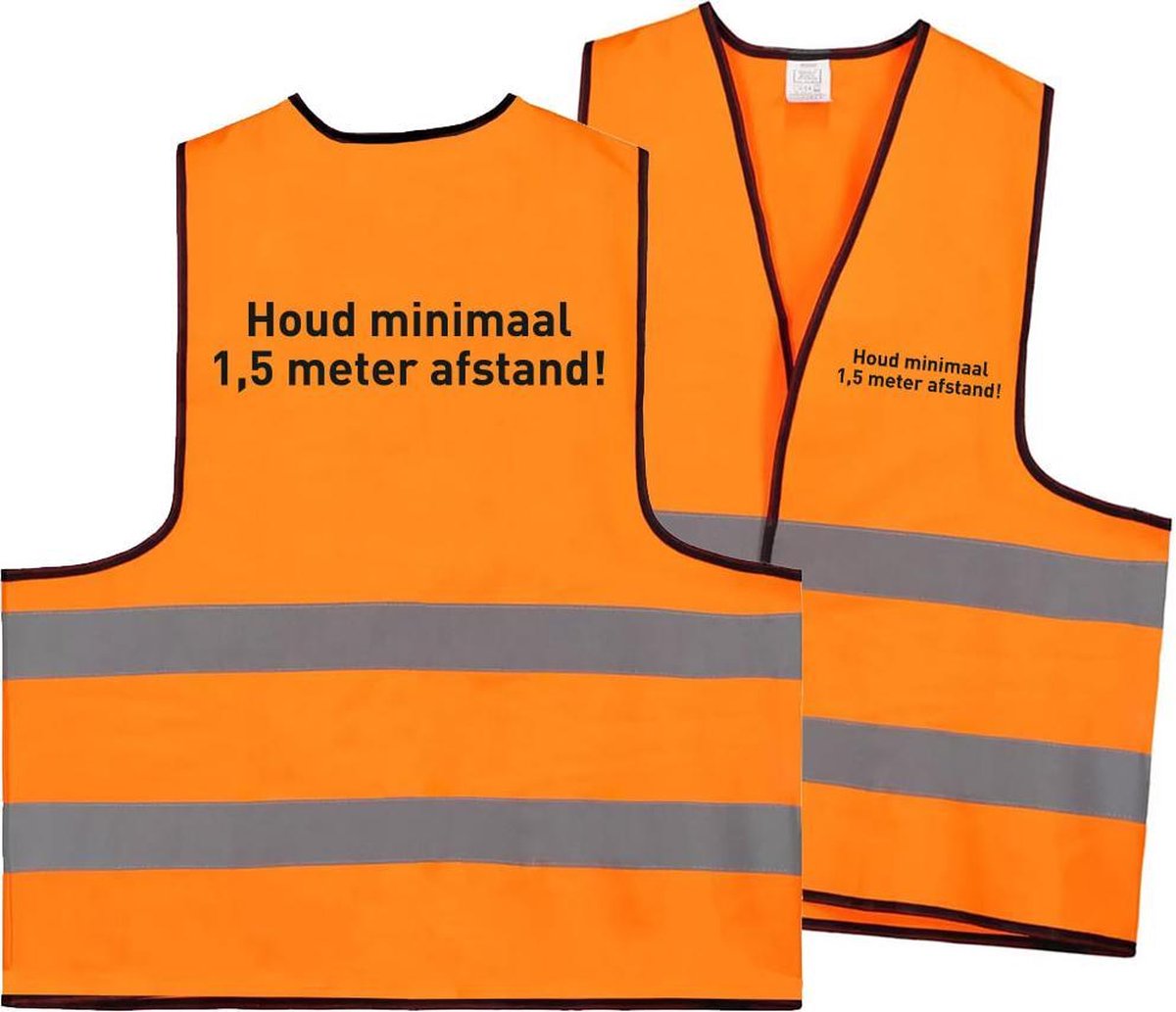 Veiligheidsvest houd minimaal 1,5 meter afstand oranje met opdruk op voor en achterzijde