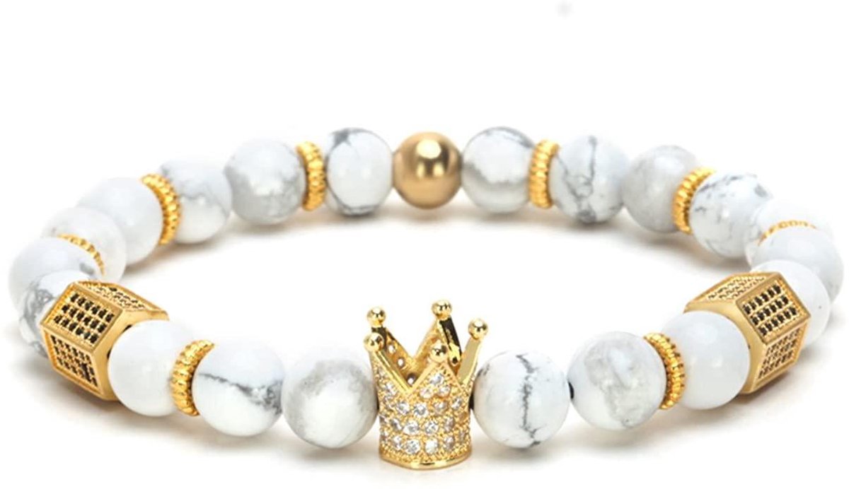AWEMOZ Natuursteen Armband - Luxe Kralen Armbandje - Kroon - Wit/Goud - Cadeau voor Man en Vrouw