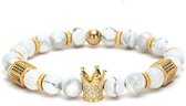 AWEMOZ Natuursteen Armband - Luxe Kralen Armbandje - Kroon - Wit/Goud - Cadeau voor Man en Vrouw - Moederdag Cadeautje