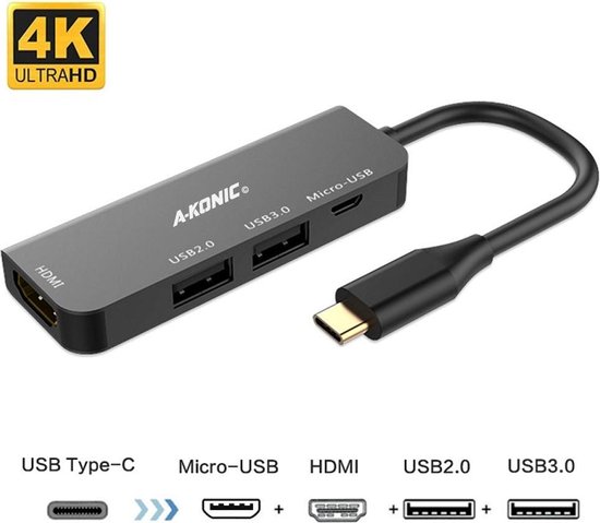 A-Konic USB Type C Adapter - HDMI 4K, USB 3.0, USB 2.0, Micro-USB | bol.com