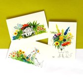 Drie vrolijke bloemenkaarten met enveloppen