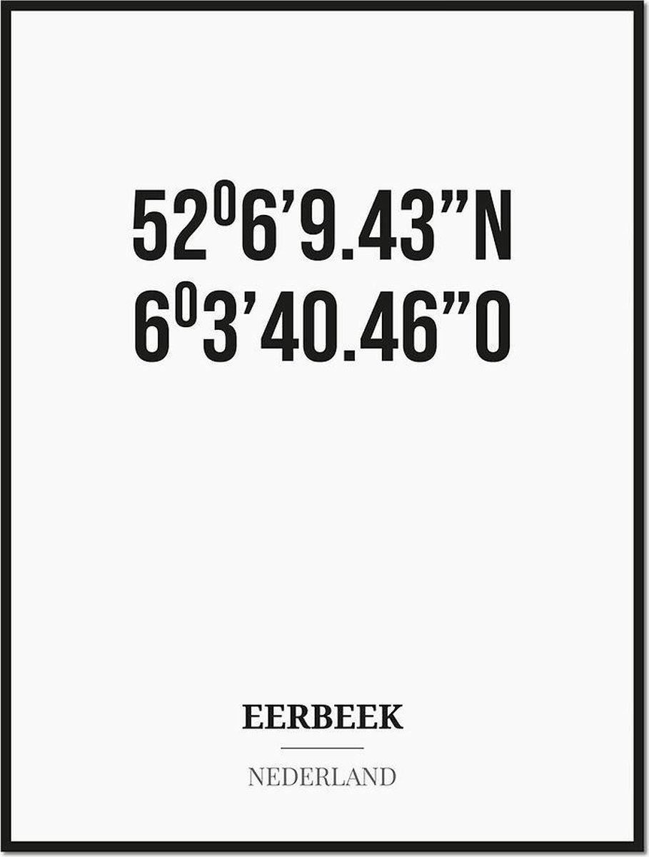 Studio216 Poster/kaart EERBEEK met coördinaten zwart, wit