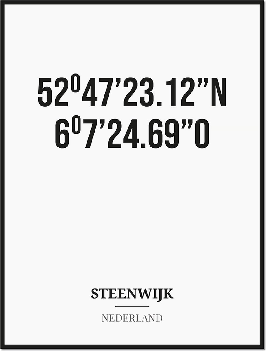 Studio216 Poster/kaart STEENWIJK met coördinaten zwart, wit