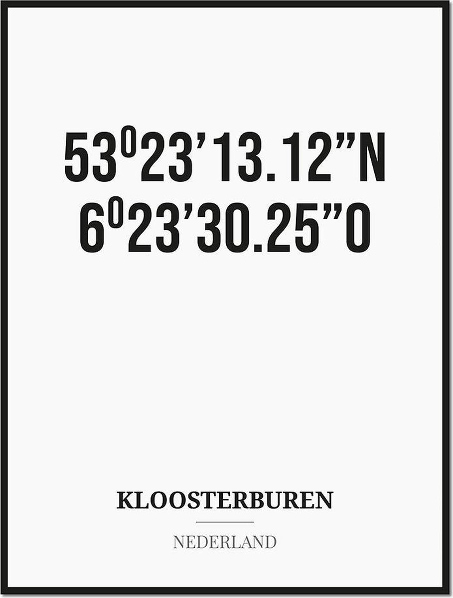 Studio216 Poster/kaart KLOOSTERBUREN met coördinaten zwart, wit