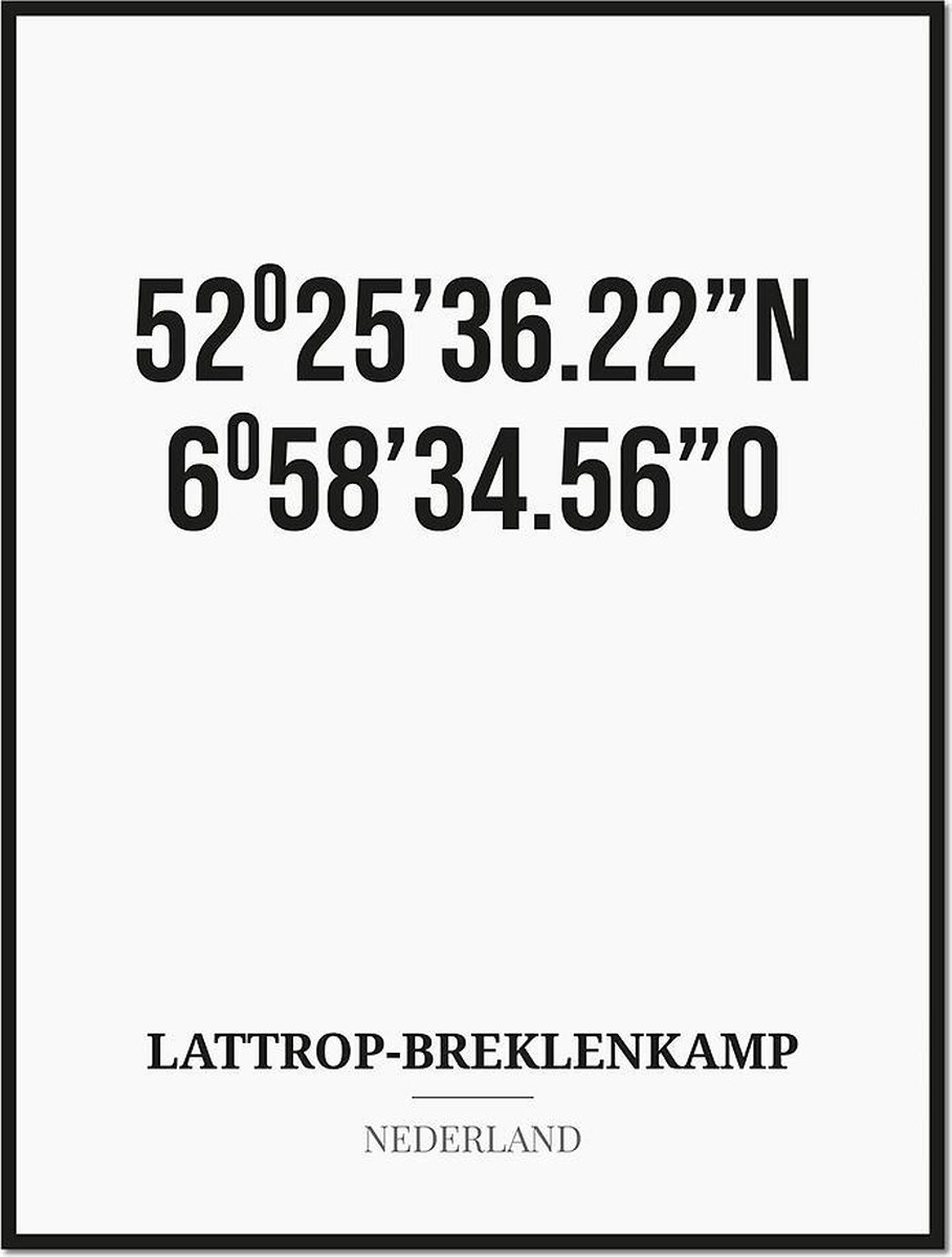 Studio216 Poster/kaart LATTROP-BREKLENKAMP met coördinaten zwart, wit