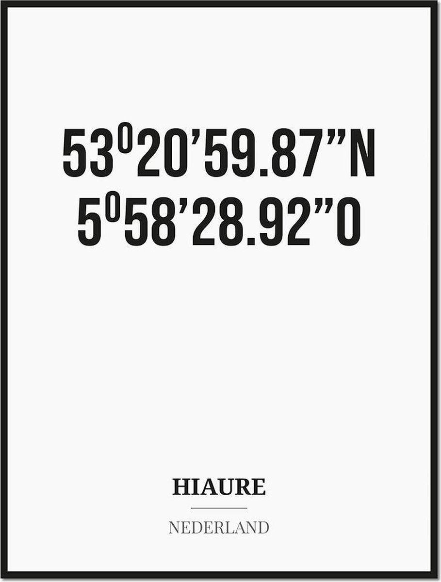 Studio216 Poster/kaart HIAURE met coördinaten zwart, wit