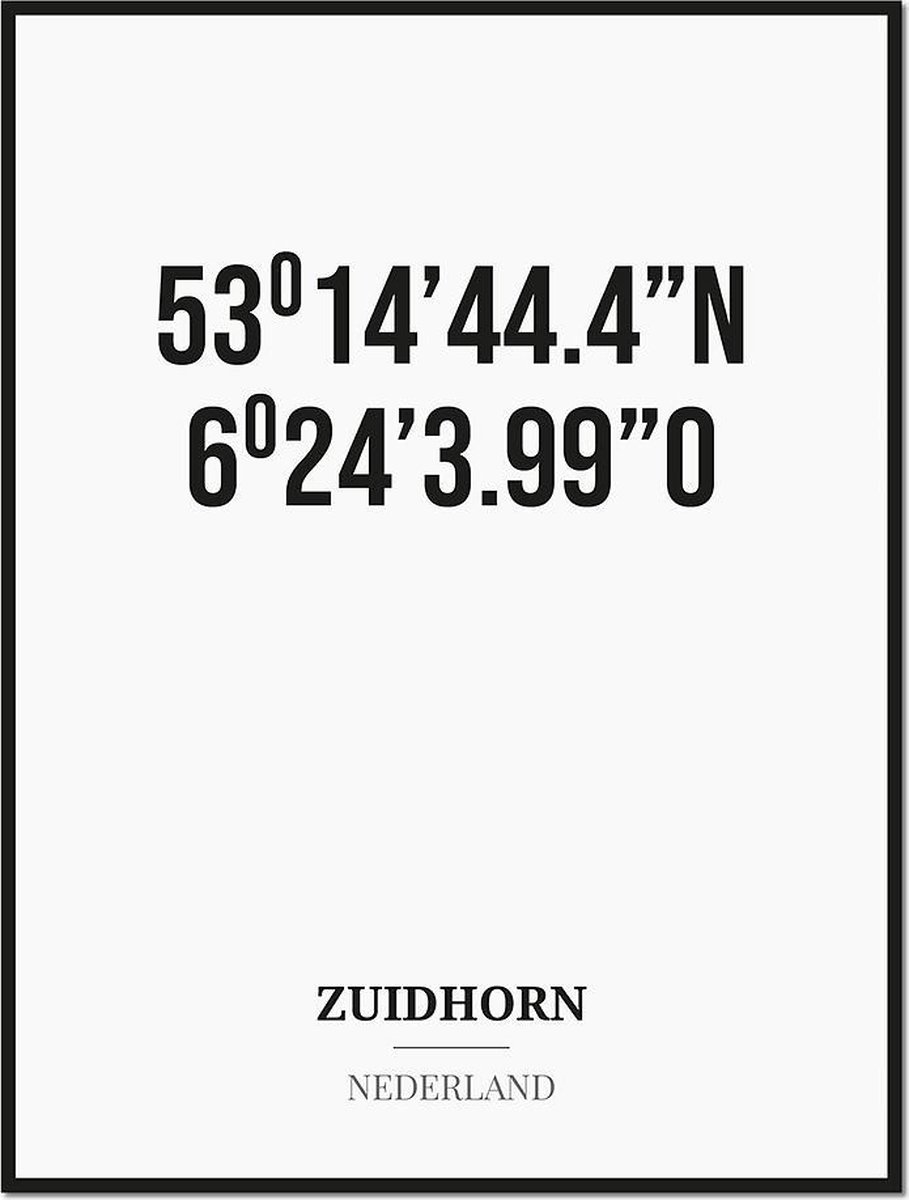 Studio216 Poster/kaart ZUIDHORN met coördinaten zwart, wit