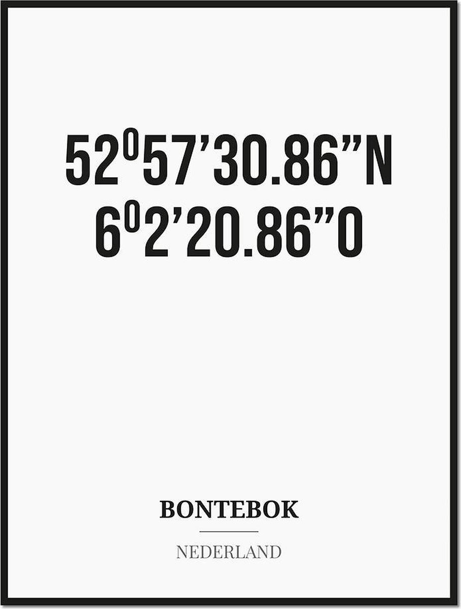 Studio216 Poster/kaart BONTEBOK met coördinaten zwart, wit