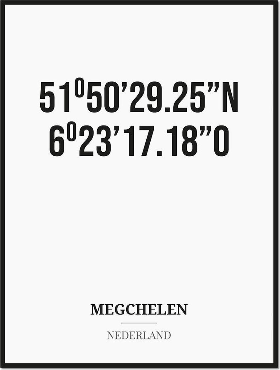 Studio216 Poster/kaart MEGCHELEN met coördinaten zwart, wit
