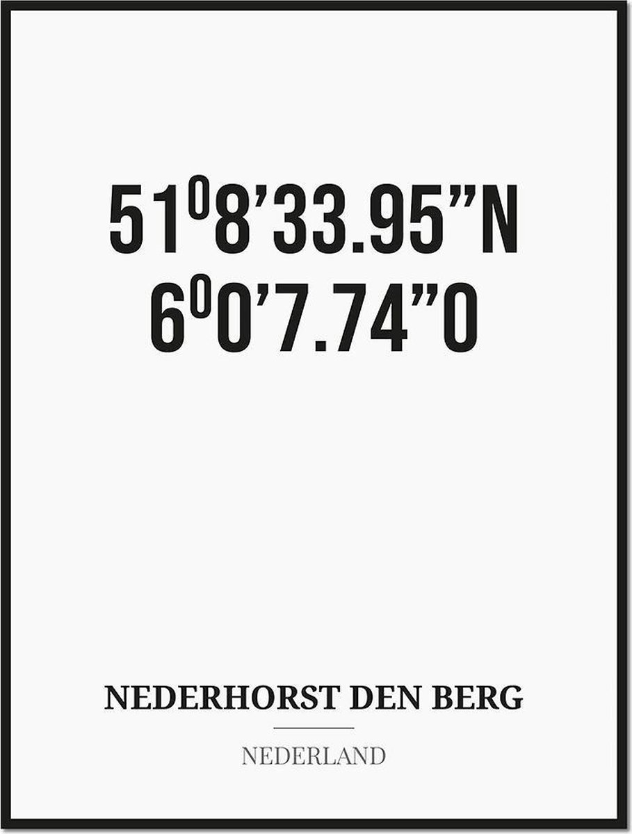 Studio216 Poster/kaart NEDERHORST DEN BERG met coördinaten zwart, wit