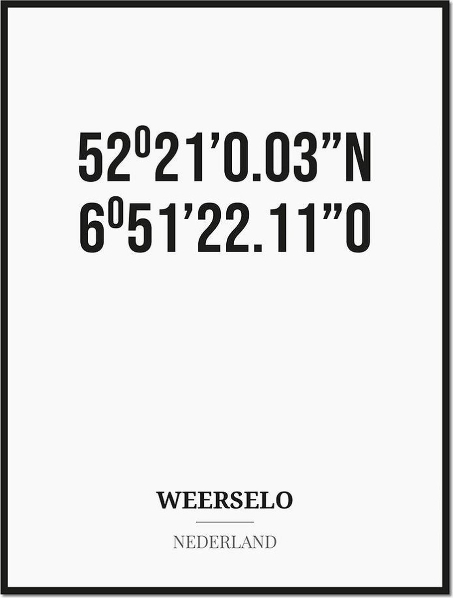 Studio216 Poster/kaart WEERSELO met coördinaten zwart, wit