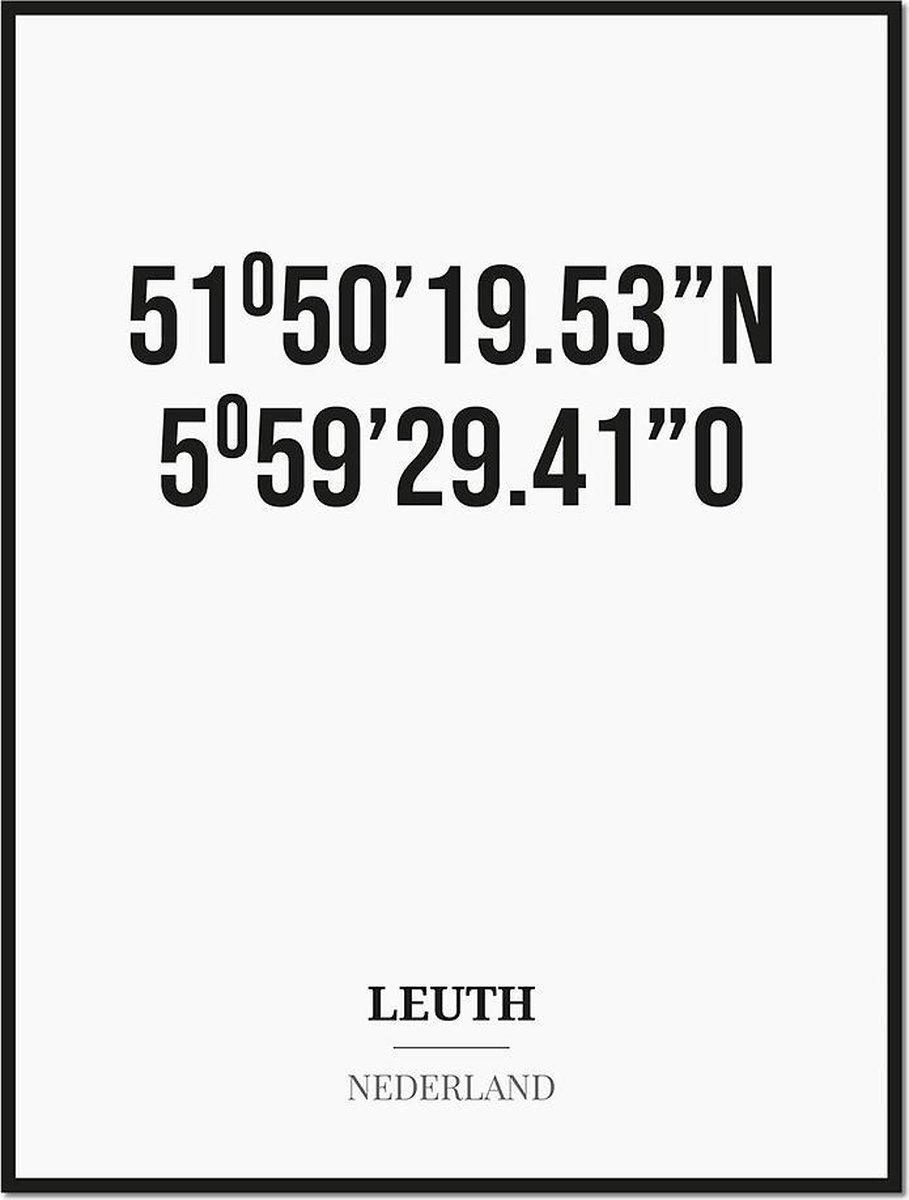 Studio216 Poster/kaart LEUTH met coördinaten zwart, wit