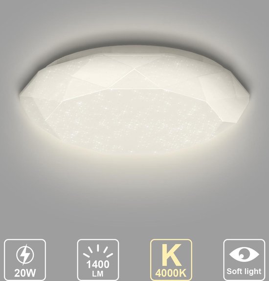 Aigostar LED Plafondlamp - Plafondlampen - Plafonnière - 20W - 4000K - Ø 34 cm - 1400lm - Diamant