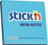 Stick'n sticky notes - 76x76mm, neon blauw, 100 memoblaadjes