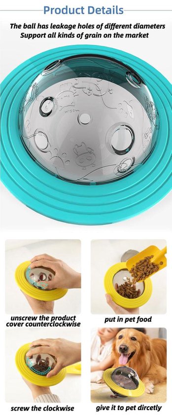 Productdetails: blauwe UFO-speelgoedbal met verschillende maten gaten voor brokken. Instructies voor het vullen en gebruiken.