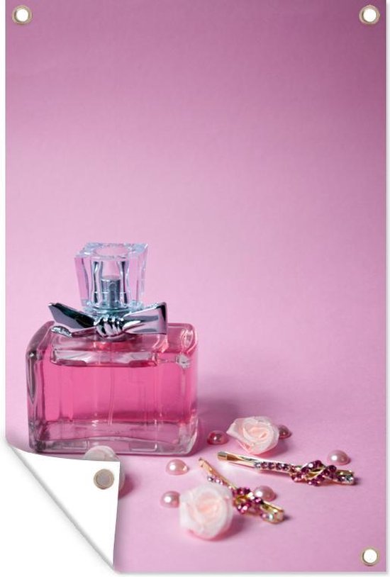 gereedschap elleboog duisternis Muurdecoratie Een fles met roze parfum - 120x180 cm - Tuinposter | bol.com