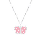 Joy|S - Zilveren vlinder hanger met ketting 35 cm + 5 cm roze met witte stippen