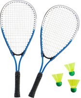 Speed badmintonset sterk blauw/wit met rackets shuttles en opbergtas 66 cm - Badmintonnen