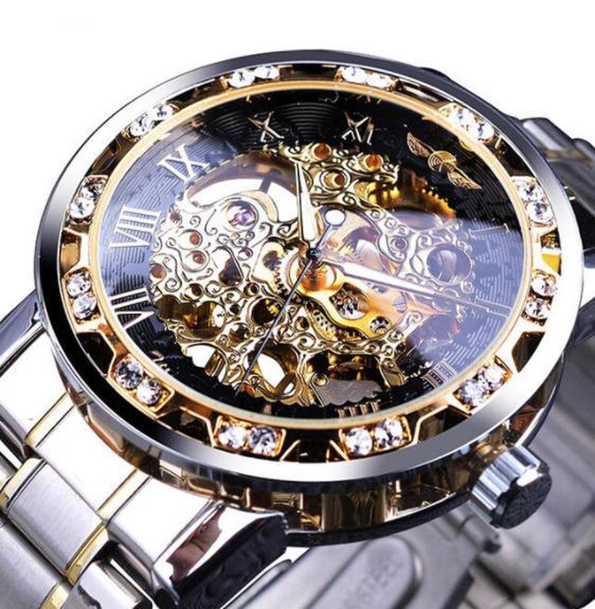 WiseGoods WSS2299 Luxe Mannen Horloge - Mechanisch - Skeleton Polshorloge - Transparant Case - Luxe Diamant Design - Zilver-Goud