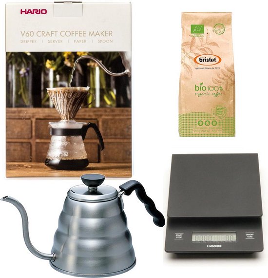 Hario V60 slow coffee kit + Hario V60 Weegschaal + Hario V60 Waterketel 1.2 liter + Bristot BIO 100% biologische koffie Hario V60 slow coffee kit + Hario V60 Weegschaal + Hario V60 Waterketel 1.2 liter + Bristot BIO 100% biologische koffie