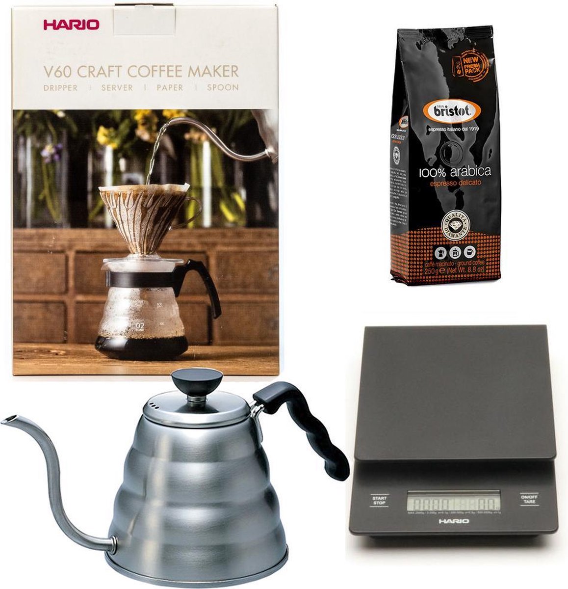Hario V60 slow coffee kit + Hario V60 Weegschaal + Hario V60 Waterketel 1.2 liter + Bristot Diamante 100% Arabica gemalen koffie