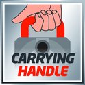 Hand die rode draaggreep vasthoudt, met het woord 'CARRYING HANDLE' eronder.