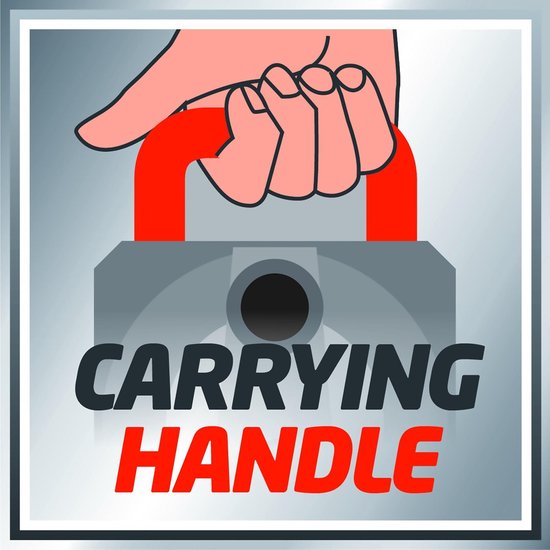 Hand die rode draaggreep vasthoudt, met het woord 'CARRYING HANDLE' eronder.