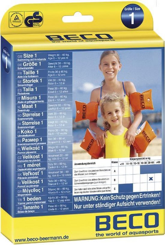 Gele verpakking met twee lachende kinderen, een meisje en een jongen, met oranje zwemvleugels om hun armen.