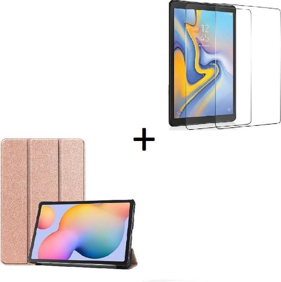 Geschikt voor Samsung Galaxy Tab S6 Lite (P610) hoes Tri fold book case hoesje Back Cover met stand Rose Goud + Tempered Gehard Glas / Glazen screenprotector Pearlycase