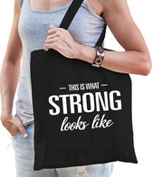This is what strong looks like cadeau katoenen tas zwart voor dames - kado tas / tasje / shopper voor een sterke dame / vrouw